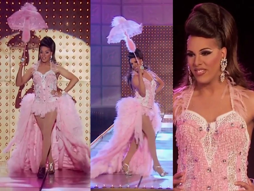Drag queen Alexis Mateo wearing a pink feathery showgirl outfit