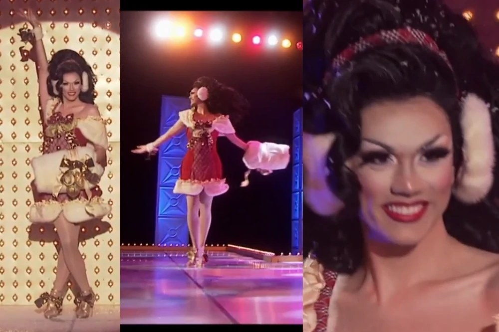 Drag queen Manila Luzon wearing a Christmas themed dress with ear and hand muffs