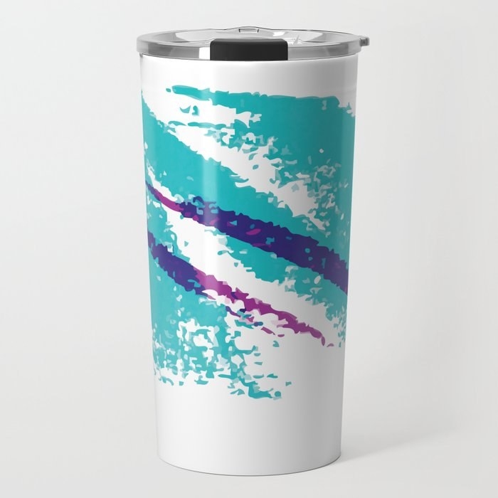 The aqua blue, violet, and white Solo Jazz pattern on a coffee travel mug