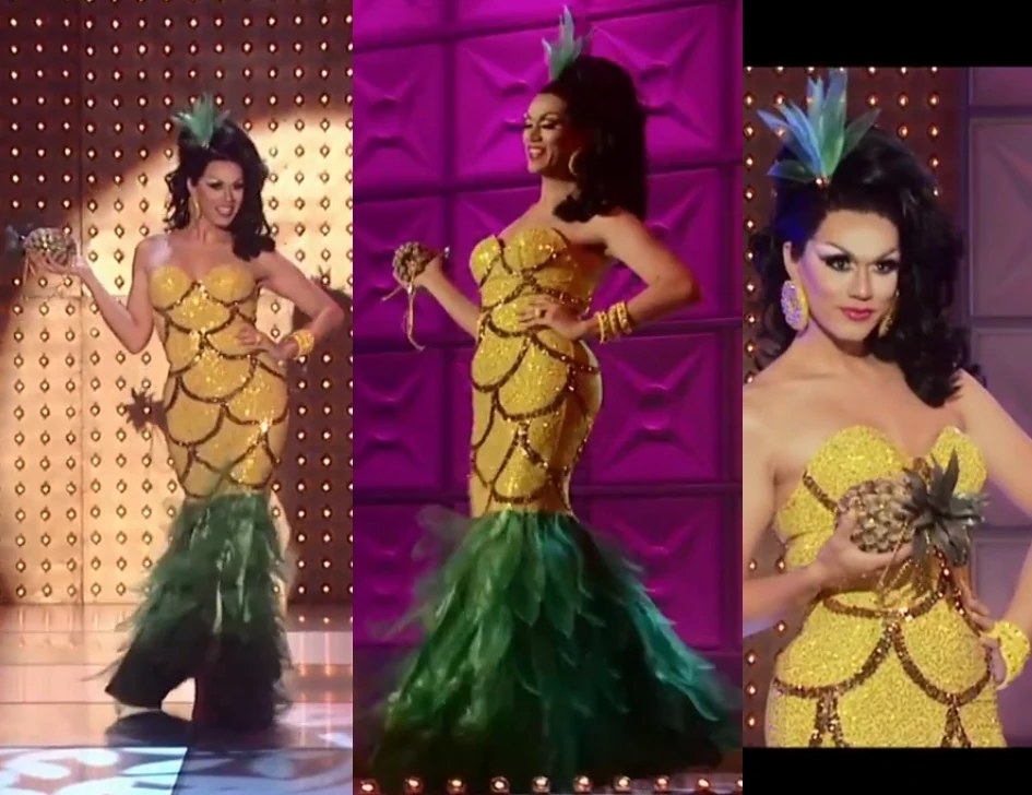 Drag queen Manila Luzon wearing a pineapple themed gown