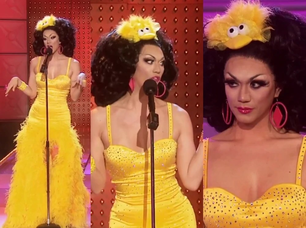 Drag queen Manila Luzon wearing a gown themed after Big Bird from Sesame Street