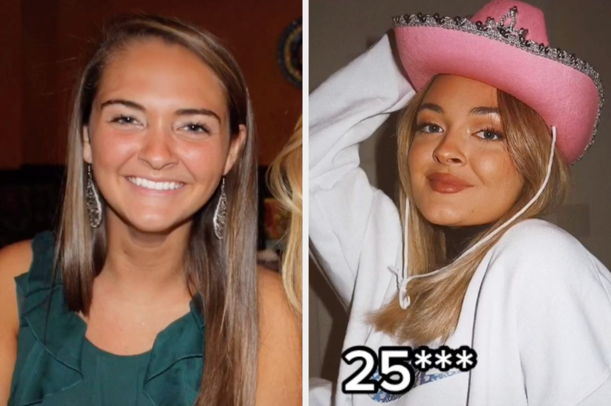 A TikToker&#x27;s photo as an early teen vs. her selfie at 25 wearing a cowgirl hat and looking younger than ever