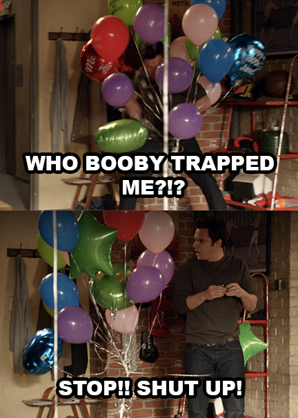 ?Nick gets caught in balloons and shouts at them &quot;Who booby trapped me?! Stop! Shut up!&quot;