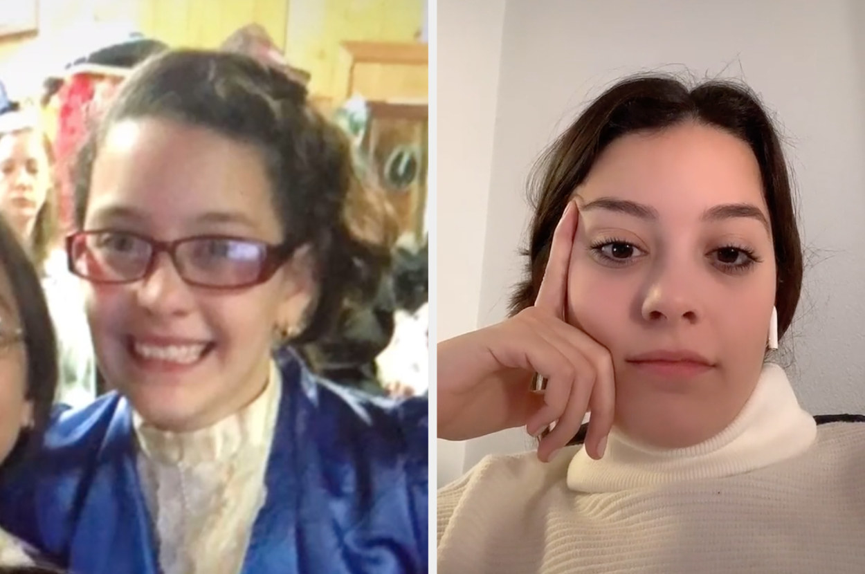 This TikToker wears a formal blouse, making her look more mature as a young teen vs. her now