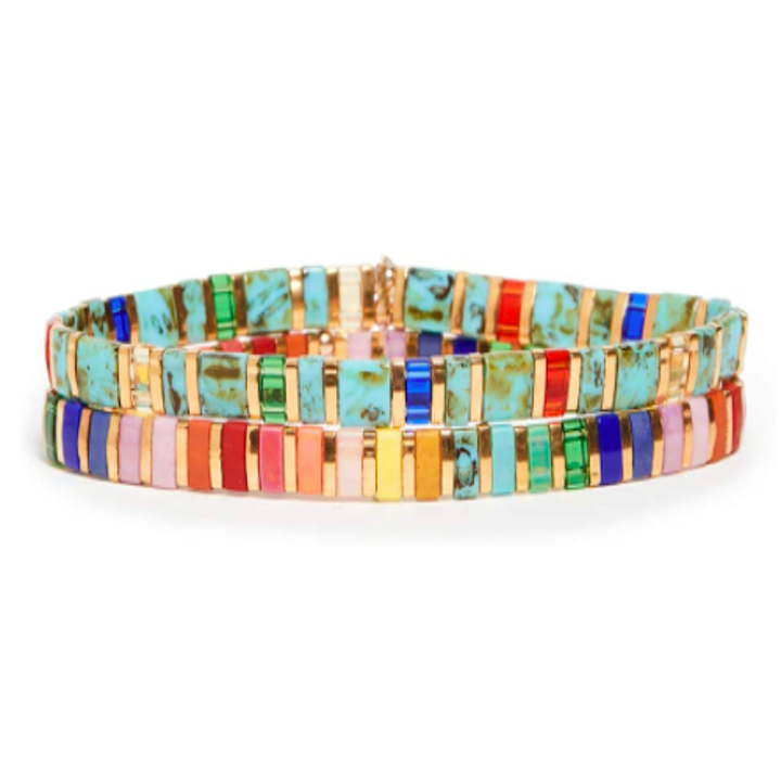 The two thin square beaded multicolor bracelets