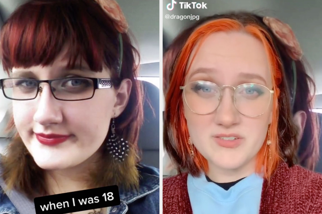 A TikToker rocking dramatic makeup as a late teen vs. her as a youthful-looking adult 
