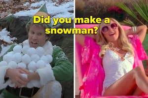 An elf is on the left holding snow balls with Sharpay leaning on a chair on the right labeled, "Did you make a snowman?"