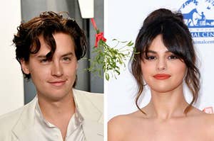 Cole Sprouse and Selena Gomez and mistletoe