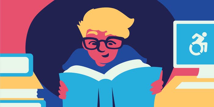 A colourful illustration of a boy with glasses reading a book