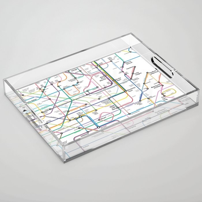 The clear acrylic tray with a subway-like design of musical history on the bottom of it