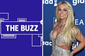 Splitscreen of purple graphic with THE BUZZ in white letters on the right side and a photo of Britney Spears in a sparkly silver dress smiling at the camera on the left side (CREDIT: GETTY)