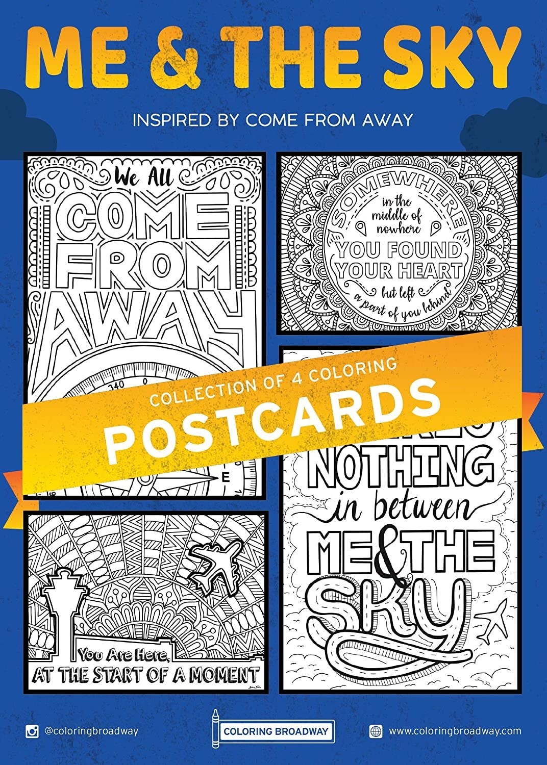 The four postcards included on a blue background