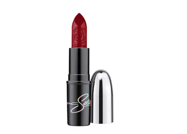 A deep red lipstick with a rose outline on the crayon portion