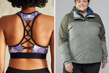 on the left model showing the back of a strappy purple and black sports bra, on the right model in a green rain jacket