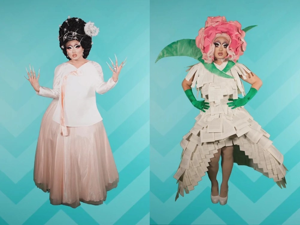 Drag queen Kim Chi wearing a traditional white Korean gown / Drag queen Kim Chi wearing a flower style dress and headpiece made from paper