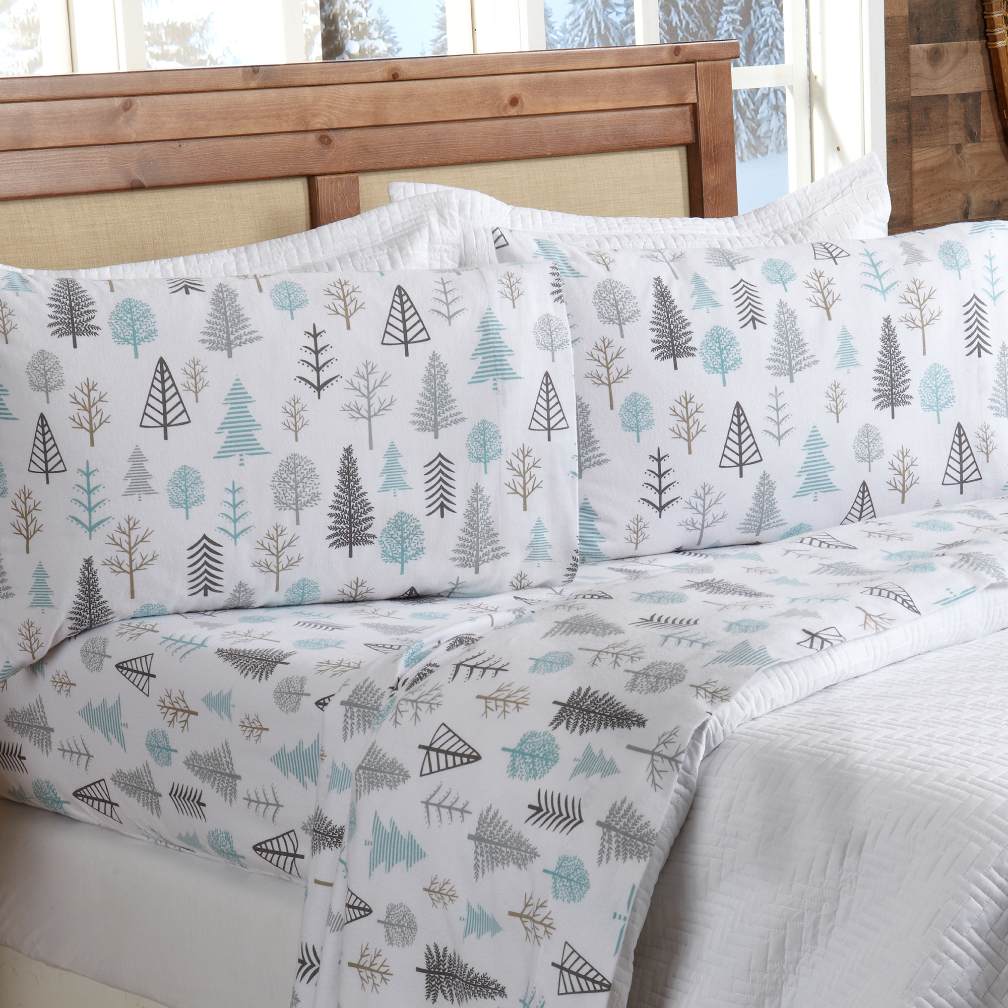 white flannel bed sheets with tree design