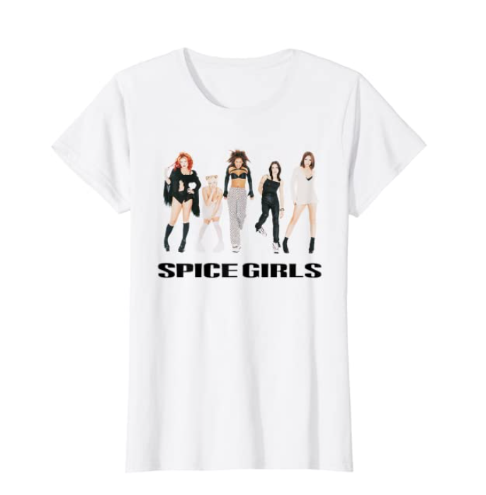A white T-shirt with the five spice girls wearing black and white and Spice Girls written in black beneath them 
