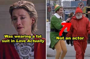 Side-by-side of Emma Thompson in "Love Actually" and Will Ferrell as Buddy running into a random person in the streets of New York in "Elf"