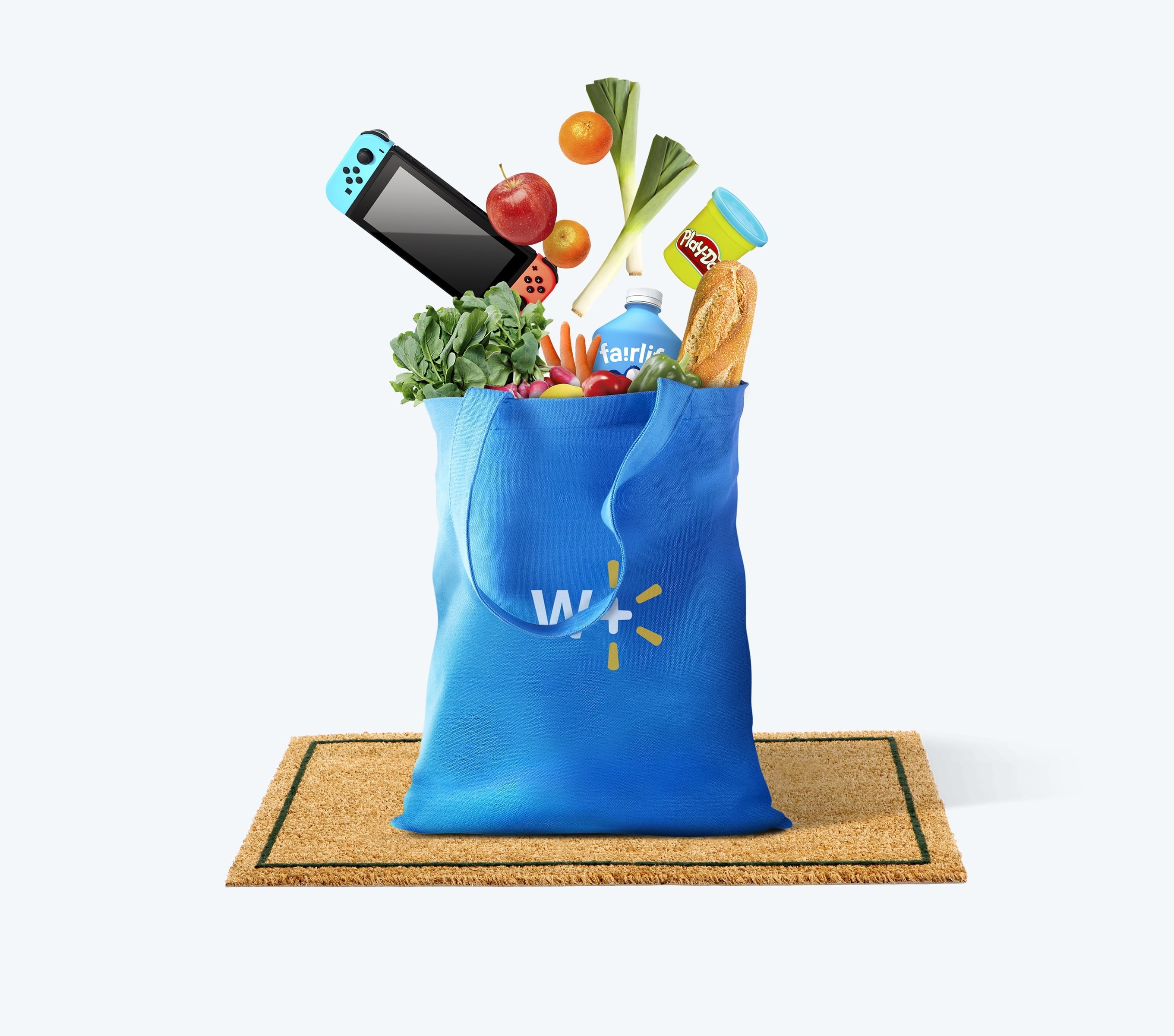 Walmart bag of groceries on a welcome mat