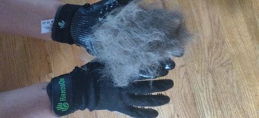 A person demonstrating how much hair they removed with the gloves (it&#x27;s very impressive!)