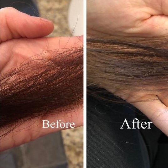 Reviewer's before of dry brittle hair and then healthier looking hair