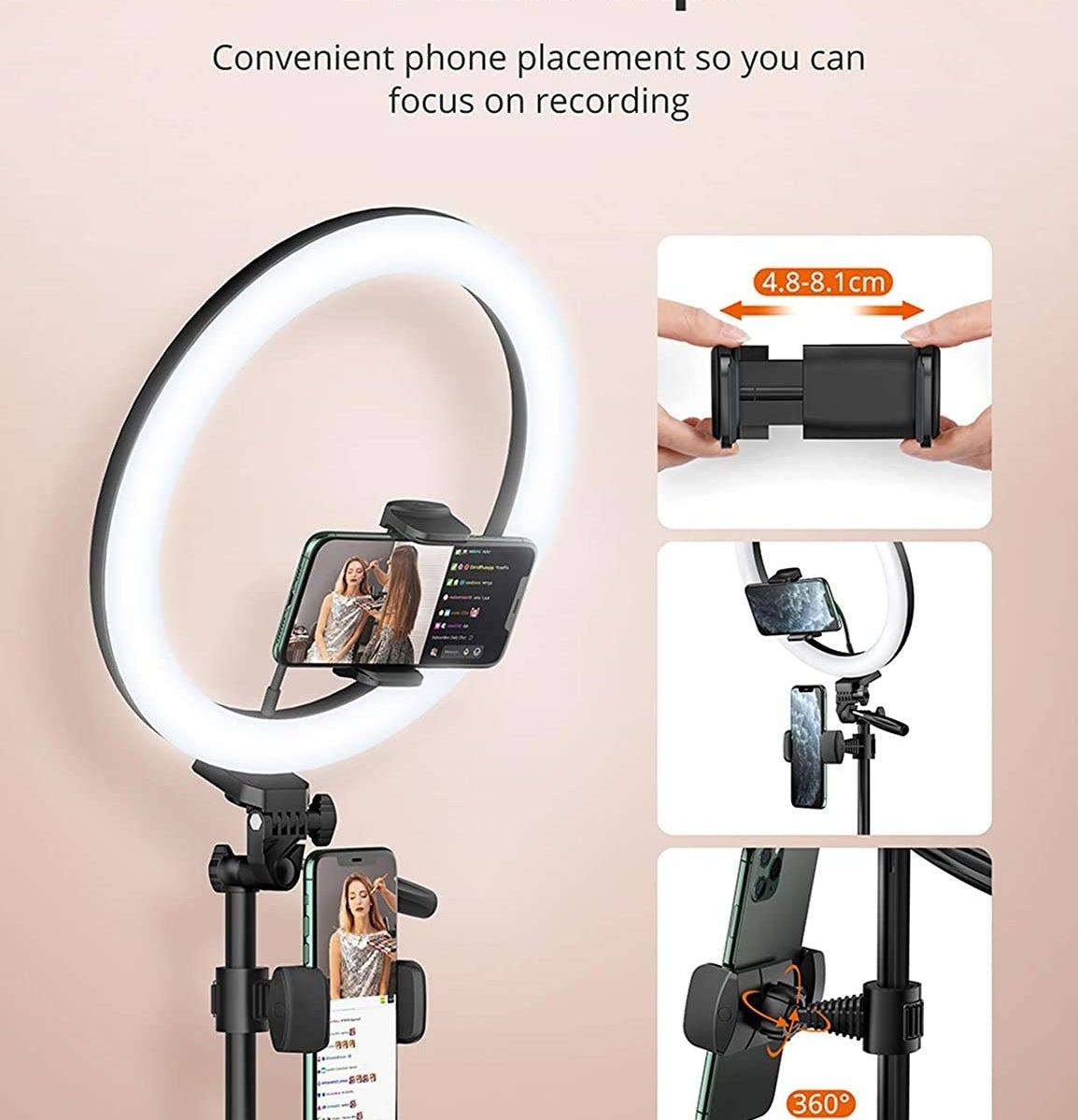ring light showing phone clipped in two positions