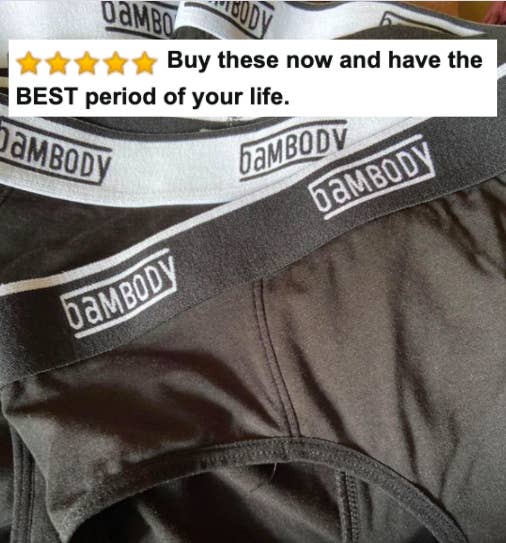 Reviewer&#x27;s picture of the underwear with five-star caption &quot;buy these now and have the best period of your life&quot;