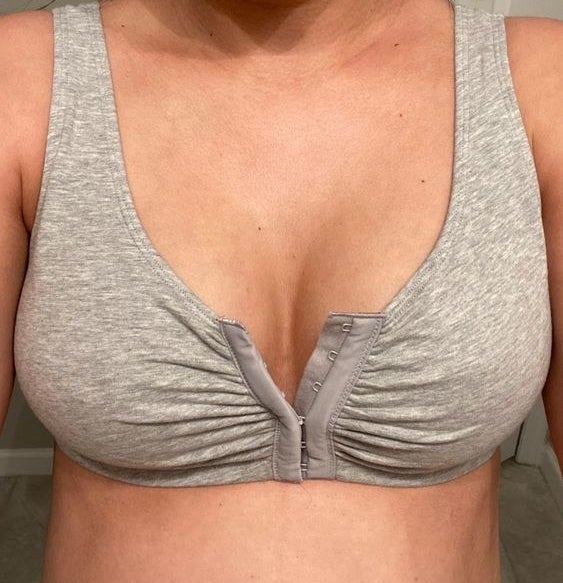 Reviewer wearing the cotton front-close bra 