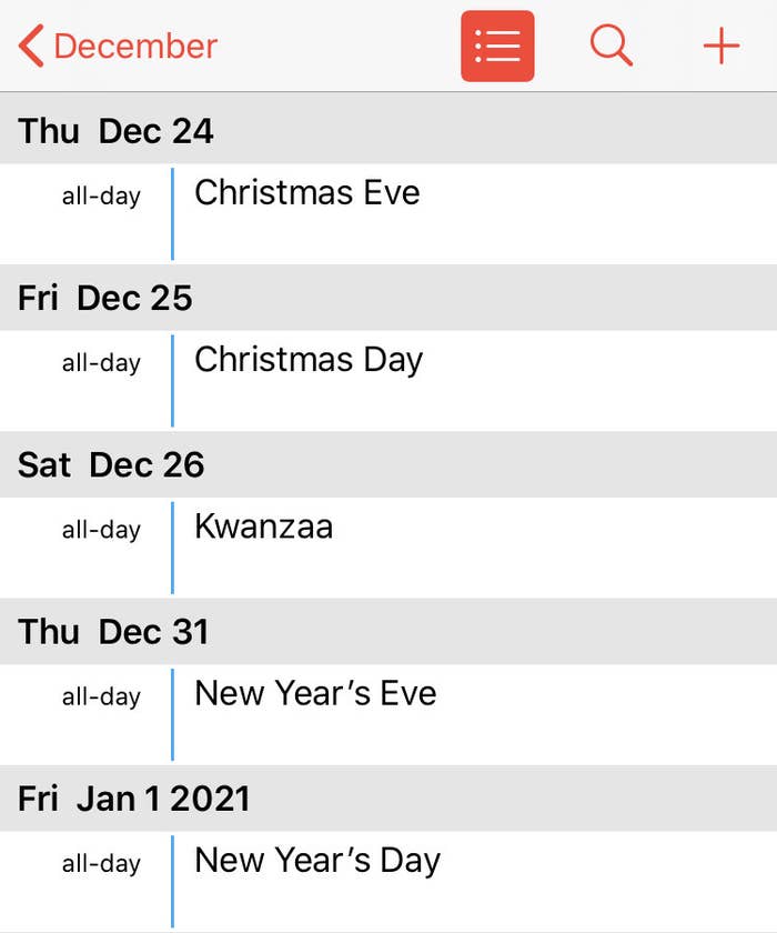 Calendar of holidays