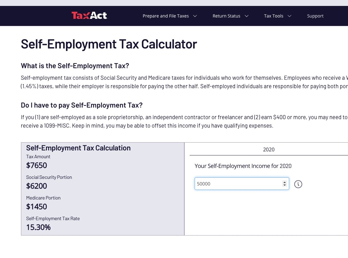 Screenshot of TaxAct page showing self-employment tax calculation