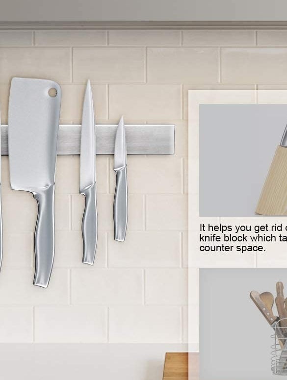 Four knives on the magnetic stip against a tiled wall