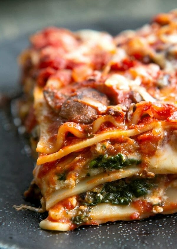 A slice of mushroom lasagna.