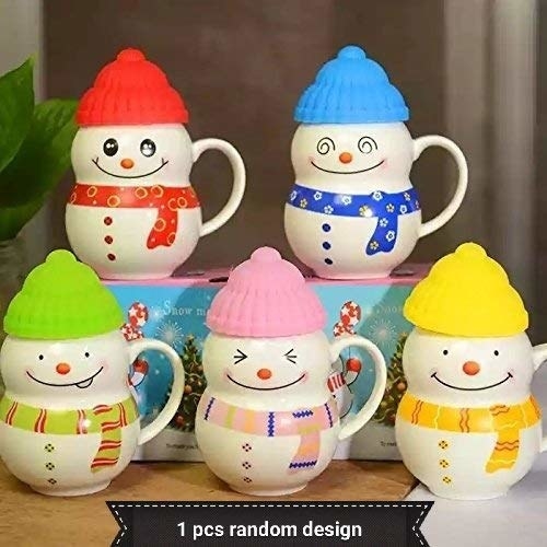 Snowman shaped ceramic mugs with different colours lids.