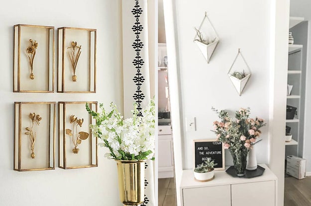 left image: flower wall hangs, right image: succulent ceramic wall hangs
