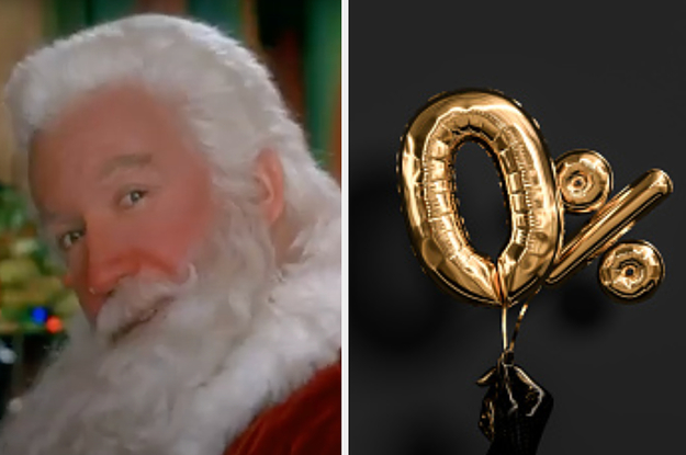 Tim Allen is dressed as Santa on the left with a woman holding a zero percent balloon on the right