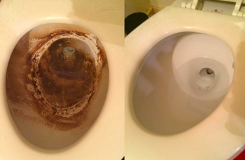 A customer review before and after photo of their stained toilet and then the clean toilet after use