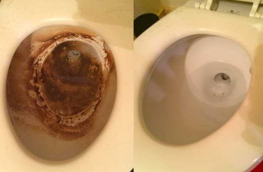 A customer review before and after photo of their stained toilet and then the clean toilet after use 