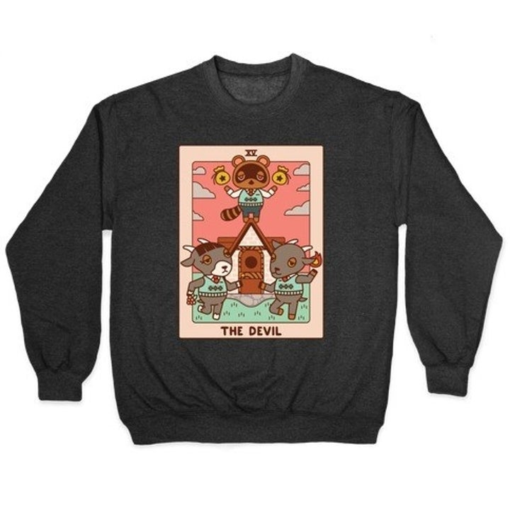 crewbeck sweatshirt with tom nook from animal crossing as the devil tarot card