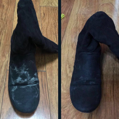 Black winter boots with salt stains nearly removed after one wipe down 