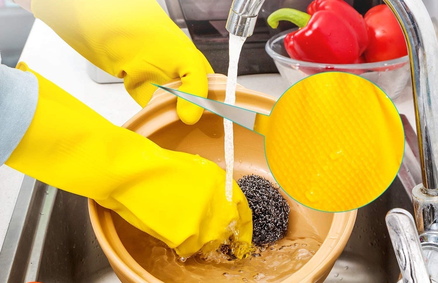 person using a steel wool scrubber with gloves on to clean a bowl