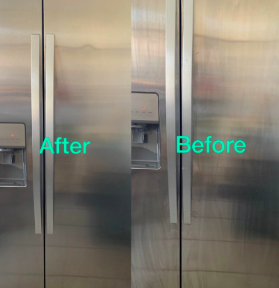 Stainless steel fridge cleaned with streaks from wiping before and streak-free after cleaning with this product 