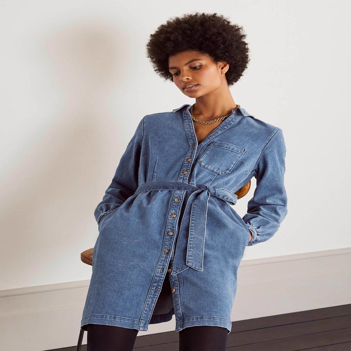 long sleeve denim midi dress with tie waist 