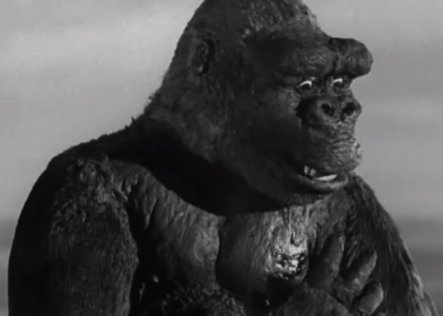 King Kong is shocked after being shot by a gun mounted on an airplane in the movie "King Kong."