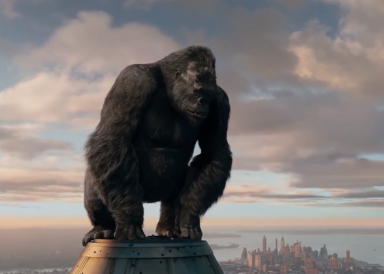 King Kong sits on the highest point of a skyscraper in the movie "King Kong."