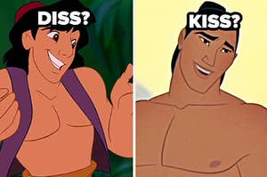 kiss or diss label over shrugging aladdin and smiling li shang