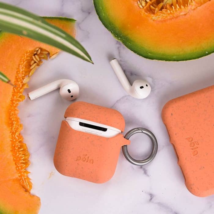 The Airpod case surrounded by slices of cantaloupe