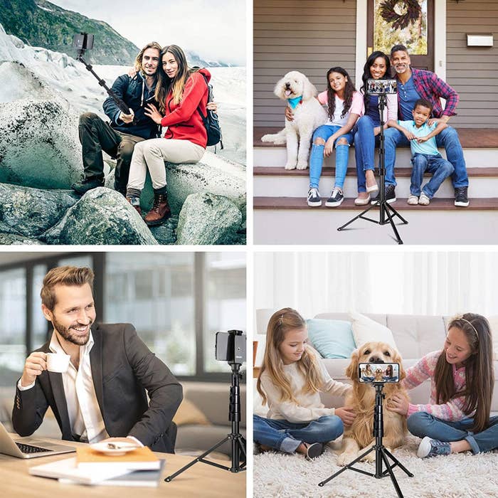 Models using the tripod as a selfie stick, as a tripod to take a family picture, as a small stand for a FaceTime call, and on the floor to film a dog 