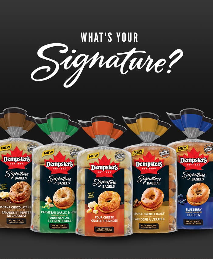 A shot of the five bagel flavours available from Dempster's against a black background and the words "What's your signature?" in a cursive font above the packages.