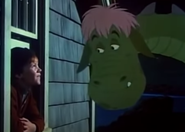 Sean Marshall as Pete and Charlie Callas voices Elliott the Dragon in the movie "Pete's Dragon."