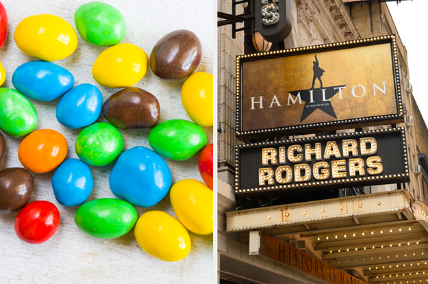 m&ms and a hamilton broadway sign